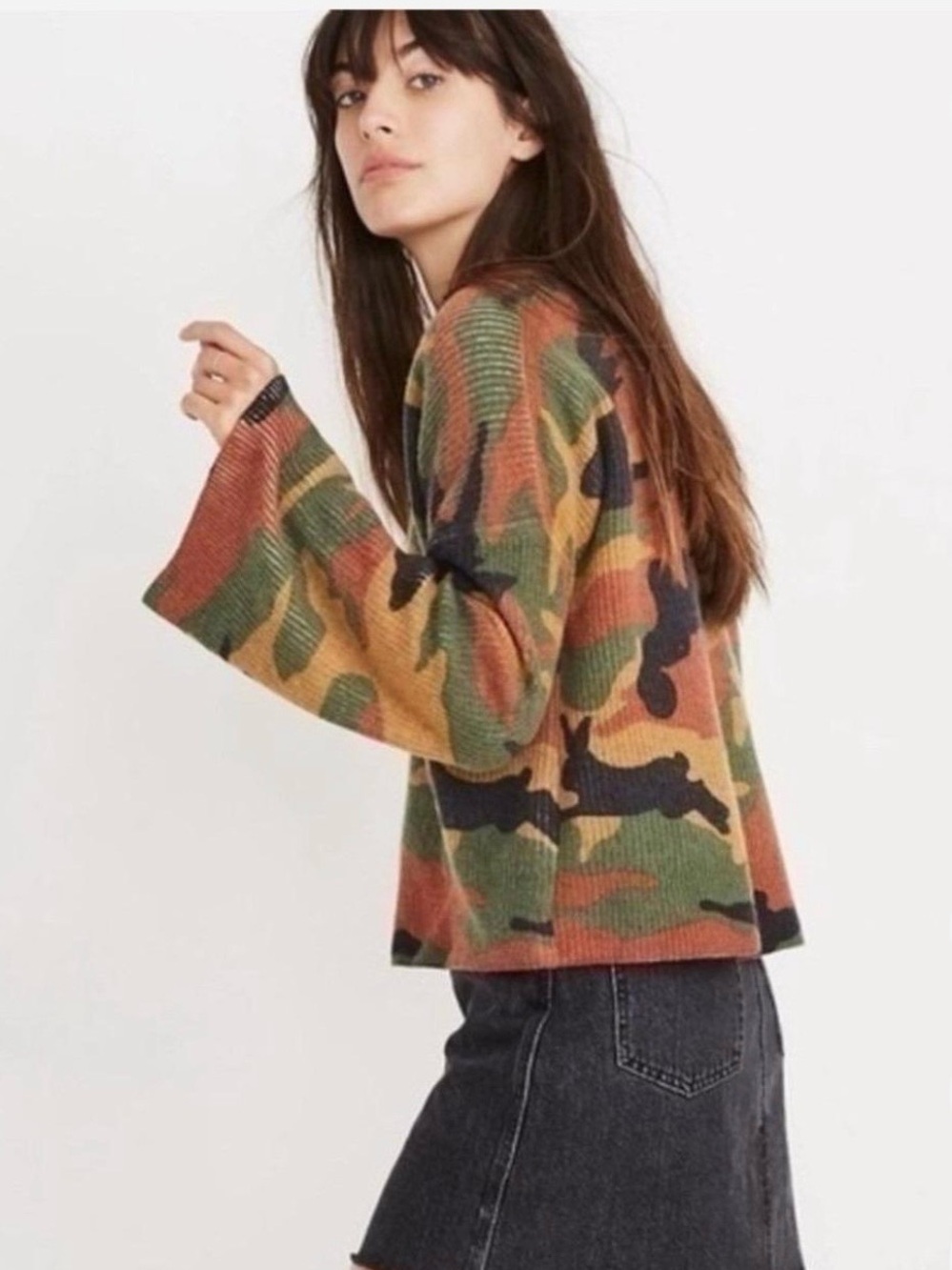 Madewell Camo Ribbed Scoop-Neck Wool Sweater in Green, Brown & Orange